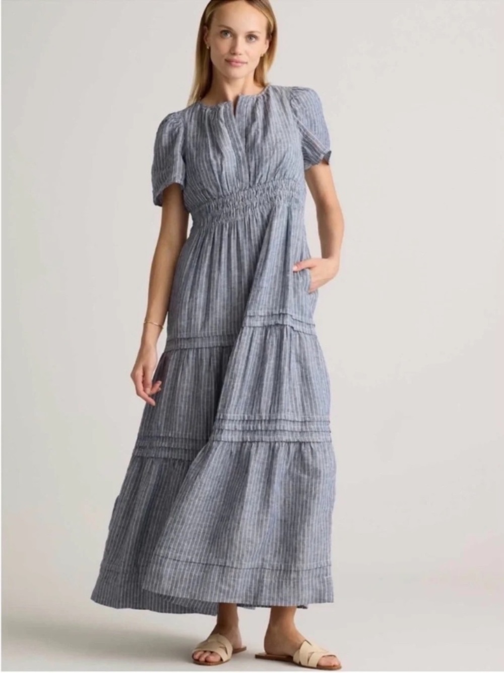 Quince 100% European Linen Tiered Maxi Dress Chambray Stripe Blue white  LP